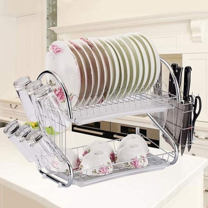 Space-Saving 2-Tier S Shaped Dish Drying Rack Kitchen Organizer with Stainless Steel Build
