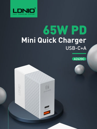 LDNIO A2620C Universal 65W Fast Charging Type-C Notebook Wall Charger Laptop Adapter With Free 1M Type-C Cable