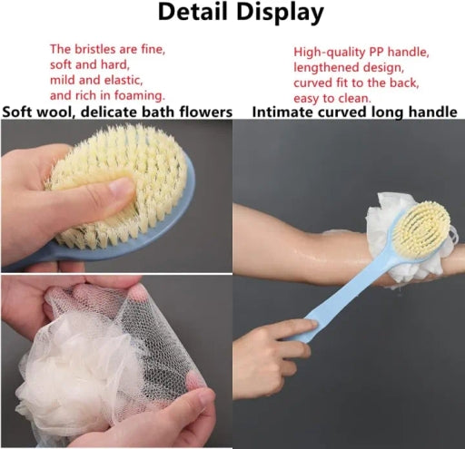 Bath Brush with Curved Long Handle Shower Body Brush with Bristles and Sponge
