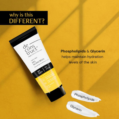 Deconstruct Gel Sunscreen for Oily Skin - SPF 55+ and PA+++ | Water Resistant Sunscreen (50 Gms)