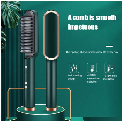 2-In-1 Hair Straightener Brush & Curler | Anti-Scald Hot Comb with 5 Temp Settings