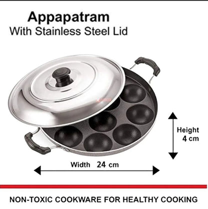 Appam Pan with Lid 12 Non Stick Scoops Appam Maker,Patra Paniyaram Pan, Appackara ,Kuzhi Paniyaram,