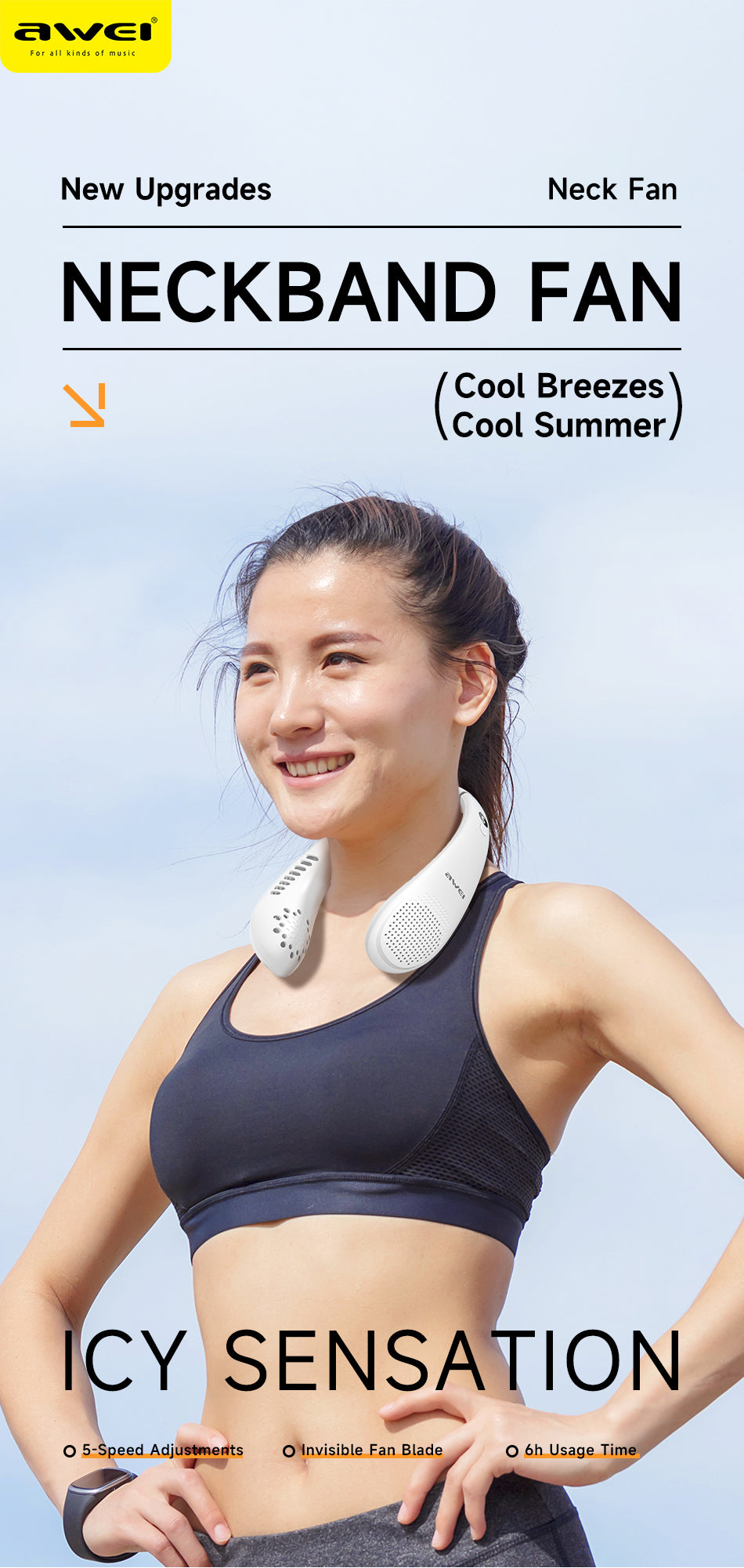 AWEI F31 Neck Hanging Neckband Fan 1200mAh Large Capacity, Five Wind Speed Levels
