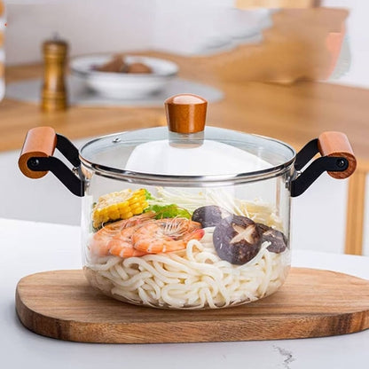 Heat-Resistant Glass Stovetop Pot, Glass Cookware with Wooden Handle 400â„‰