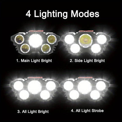 T21 5LED with Built-in 18650 Battery USB Rechargeable Portable Flashlight Lantern Headlamp