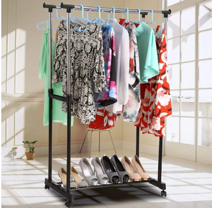 Double Pole Telescopic Clothes Hanger with Wheels | Rolling Steel Garment Drying Rack