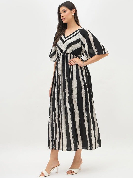Print Batwing Sleeve Georgette a-Line Midi Dress
