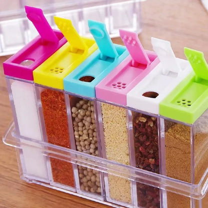 Six Piece Seasoning Container Spice Set Seasoning Six Piece Set Spice Bottle Set 6 Pcs Seasoning Condiment Storage Spice containers Square Transparent Salt Sugar Pepper Spice Jar with Tray Rack Cooking Container box spices
