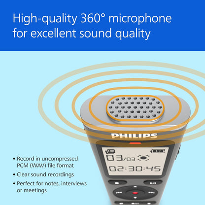 Philips DVT1170 VoiceTracer, Audio Recorder, 8GB, Micro SD Card Slot, 360° Microphone for Excellent Sound Voice Recorder