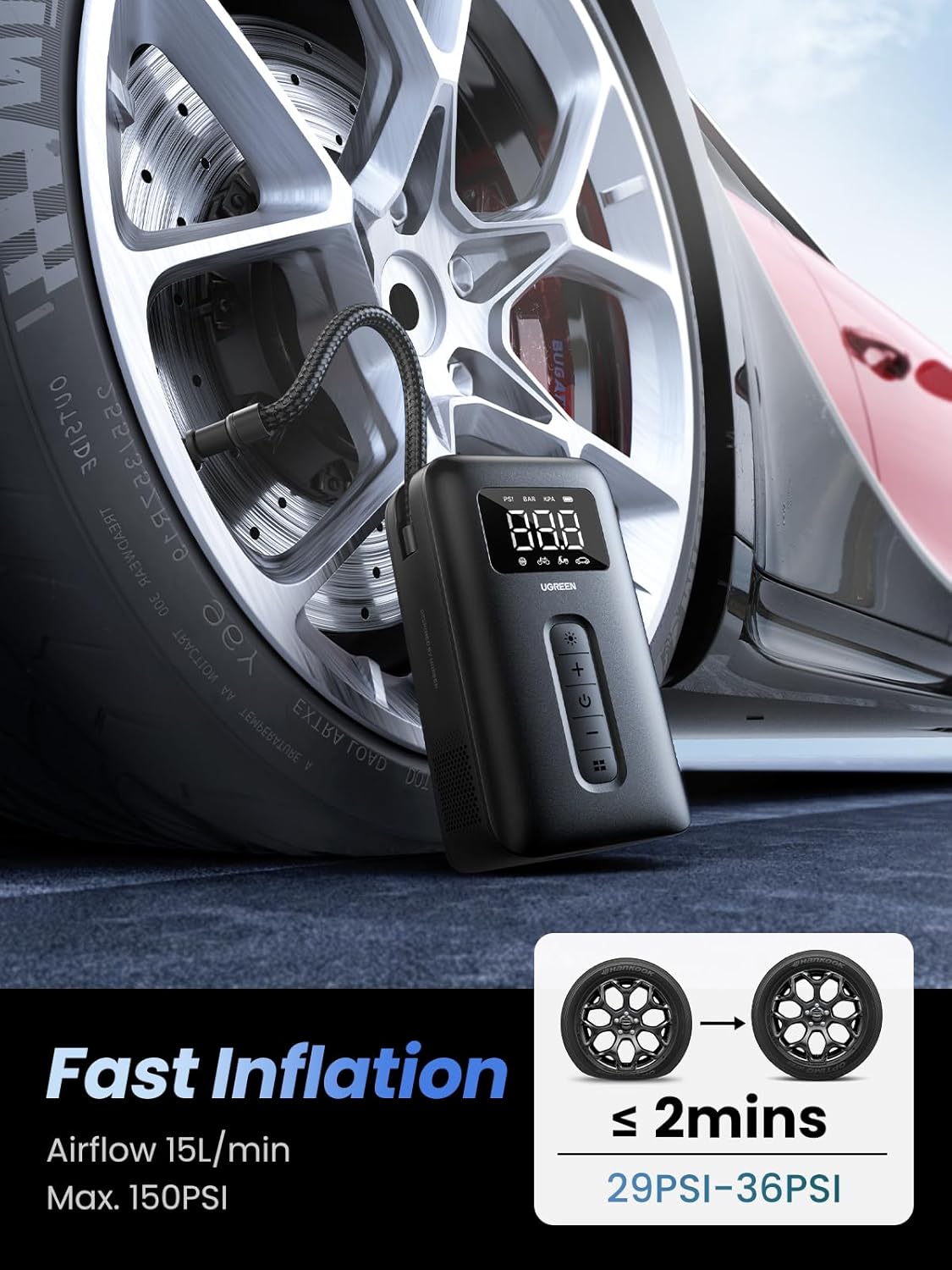 UGREEN Tire Inflator Portable Cordless Electric Air Pump 150PSI Auto-Off Tire Pump with LED Light Digital Gauge for Accurate Pressure Readings for Cars, Motorcycles, Balls, All Bicycles, etc
