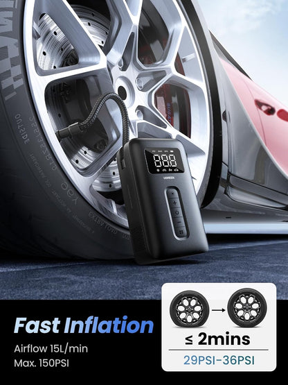 UGREEN Tire Inflator Portable Cordless Electric Air Pump 150PSI Auto-Off Tire Pump with LED Light Digital Gauge for Accurate Pressure Readings for Cars, Motorcycles, Balls, All Bicycles, etc