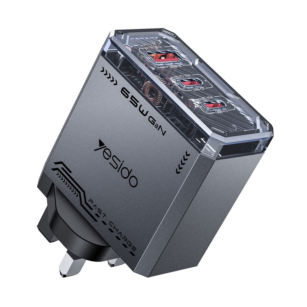 YESIDO YC147 65W GaN Charger Fast Charging Power Adapter with Multiple Ports Mechanical Design for Phones / Tablets - UK Plug