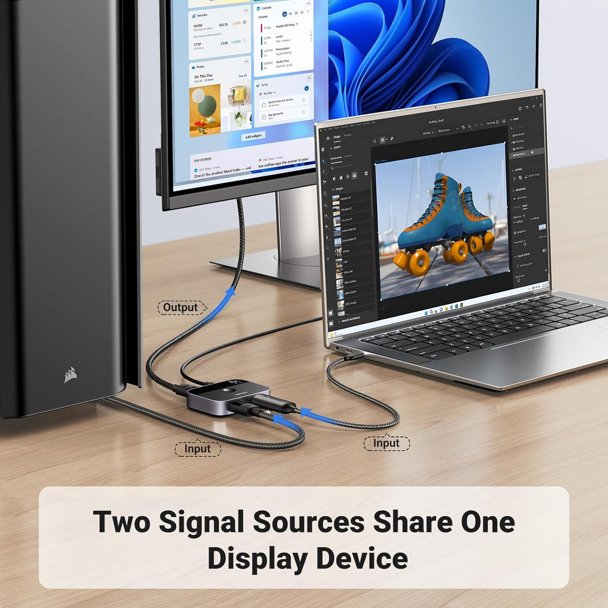 UG DisplayPort Switch 8K DP 1.4 Bidirectional Display Port Splitter 2 in 1 Out Supports 8K@30Hz 4K@240Hz Free-Sync G-sync for PC Host Monitor Laptop with 1 DP Cable and 1 USB-C Cable