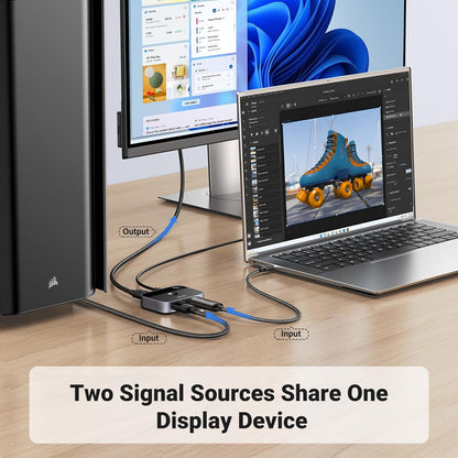 UG DisplayPort Switch 8K DP 1.4 Bidirectional Display Port Splitter 2 in 1 Out Supports 8K@30Hz 4K@240Hz Free-Sync G-sync for PC Host Monitor Laptop with 1 DP Cable and 1 USB-C Cable