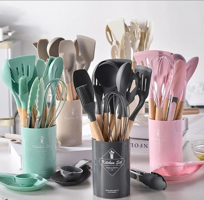 12PCS Silicone Kitchen Utensil Set Heat Resistant Spatula Wooden Spoon Tools for Non-Stick Cookware