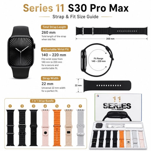 Series 11 S30 Pro Max 7-in-1 Smart Watch | AI Voice Assistant | Heart Rate, SpO₂ & Sleep Monitor
