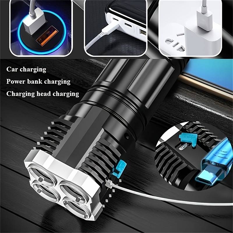 4 LED USB Rechargeable Flashlight with COB Side Light – 4 Modes, Waterproof ABS Torch for Camping