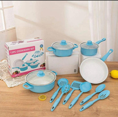 13 Pcs Cook Wear Set Blue and White Inside Coated