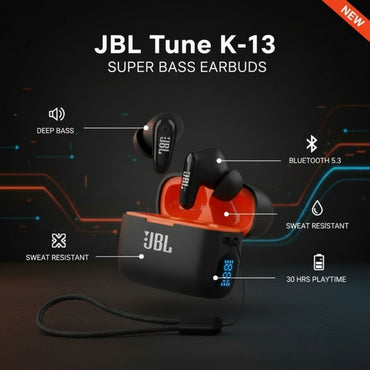 JBL K-13 Super Bass Edition - Bluetooth 5.3 TWS Earphones with 30H Battery, Sweat Resistance & Deep