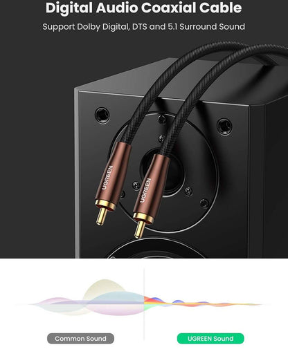 UGREEN AV155, RCA Male To Male Coaxial Braided Cable, 24K Gold-plated Connector, 75 Ohm Impedance, Signal Interference Shielding, Support Dolby Digital, DTS And 5.1 Surround Sound, 1M Length | 70684