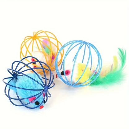 Self-Entertaining Cat Toy – Cage Mouse Ball with Feathers, Stimulates Hunting Instinct