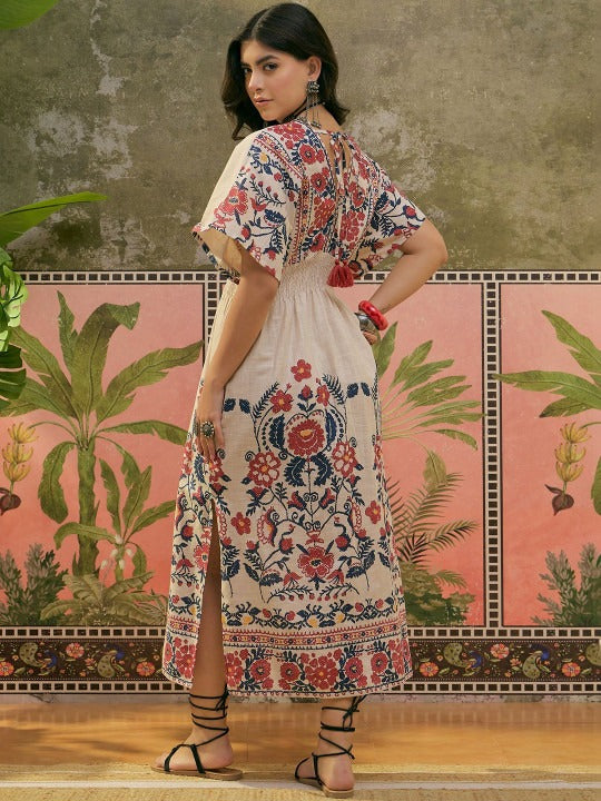 Printed Cotton V-Neck a-Line Knee Length Dresses