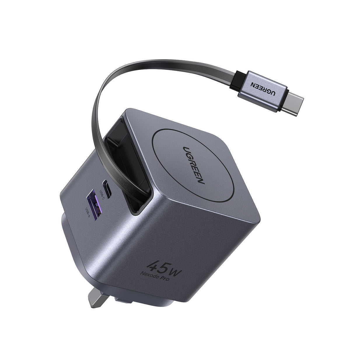 UGREEN 45W Nexode Pro GaN (USB-A*1 + Type-C*1) Fast Charger with Retractable Cable – X614 – 65823