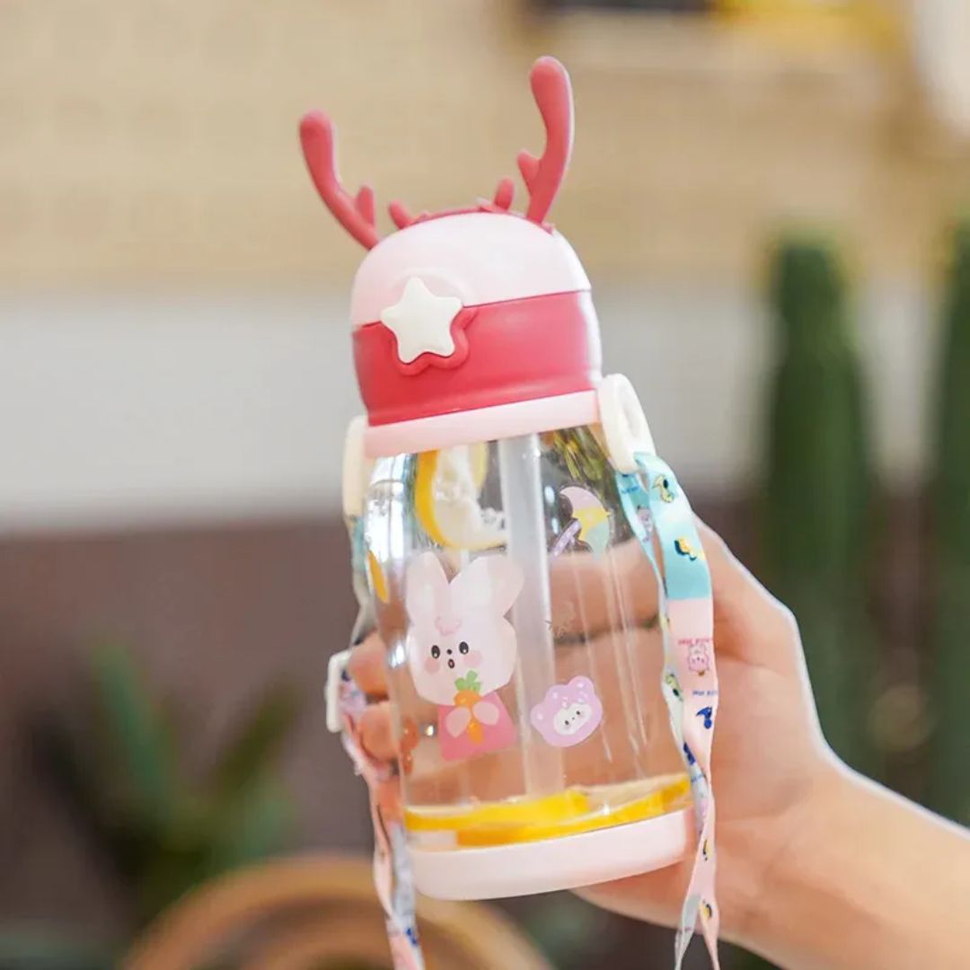 600Ml Kids Antler Cartoon Sippy Cup with Straw – Leakproof Water Bottle for Children