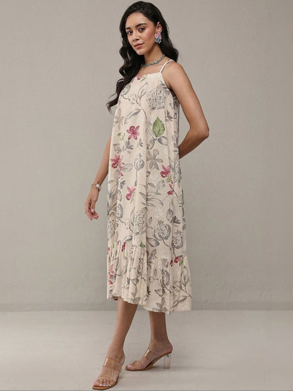 Cream-Coloured Floral Print a-Line Dresses