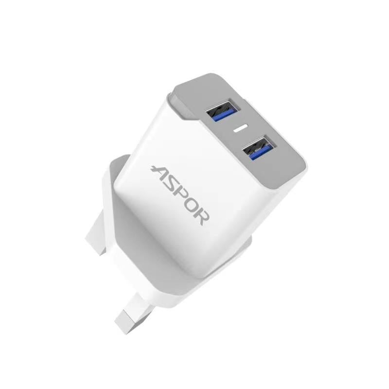 ASPOR A823 DUAL USB 2.4 A IQ Home Charger LED Blue Light 2 USB / UK Plug