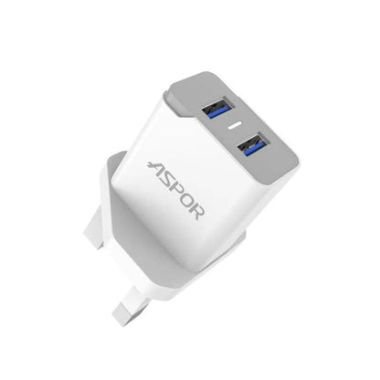 ASPOR A823 DUAL USB 2.4 A IQ Home Charger LED Blue Light 2 USB / UK Plug