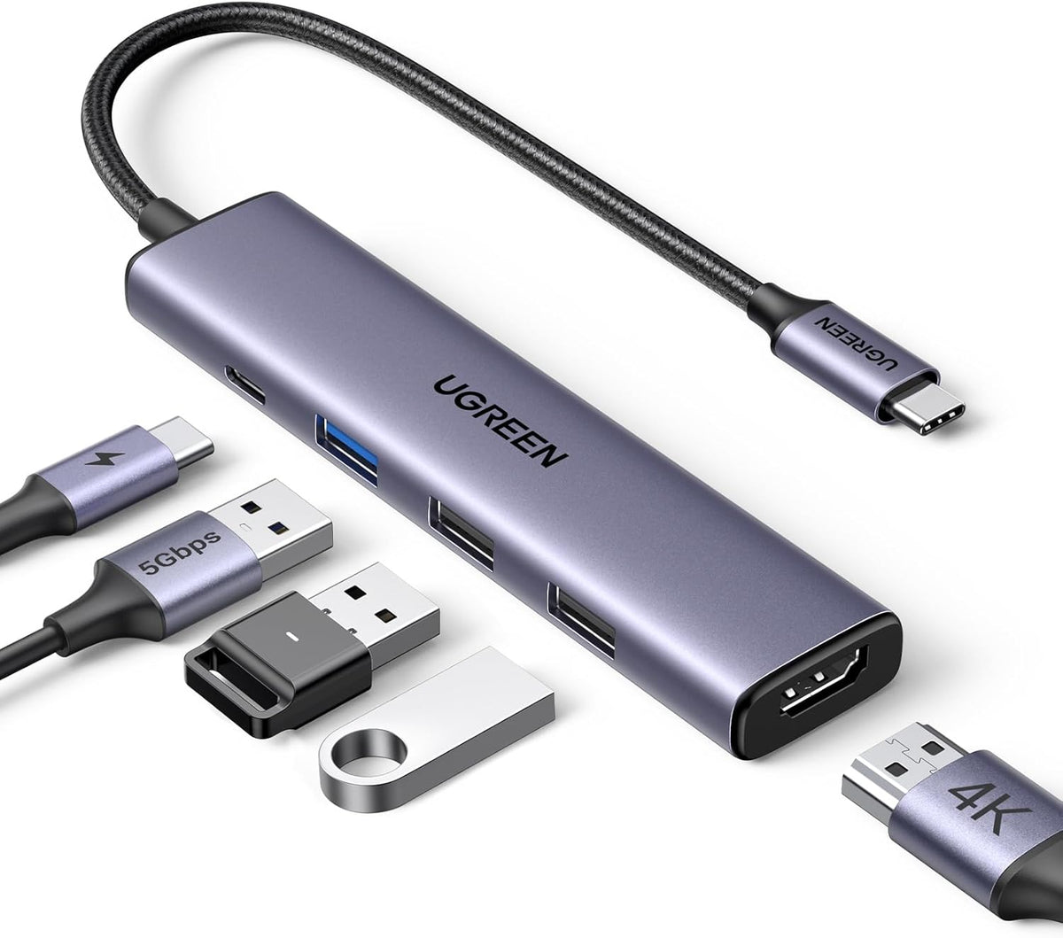 UGREEN USB C Hub 5 in 1 Multiport Adapter Revodok 105 4K HDMI, 100W Power Delivery, 3 USB-A Data Ports, USB C Hub - 15495