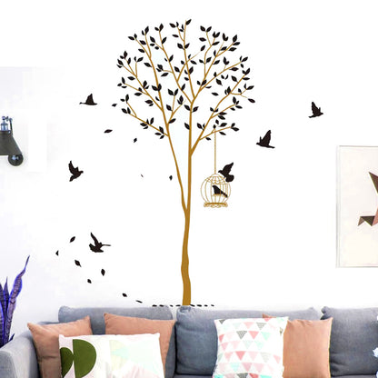 Brown Tree Black Birds Beautiful Bird with Cage Sticker Butterfly Bird sticker plants room wallpaper bedroom nursery window decoration
