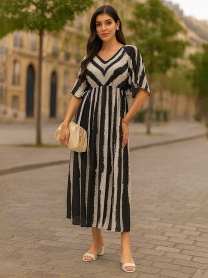Print Batwing Sleeve Georgette a-Line Midi Dress