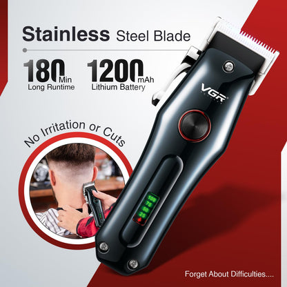 VGR V-969 Professional Salon Series Hair Clipper - 180 Minutes Runtime, Turbo Function, 1200mAh Lithium Battery, LED Display,