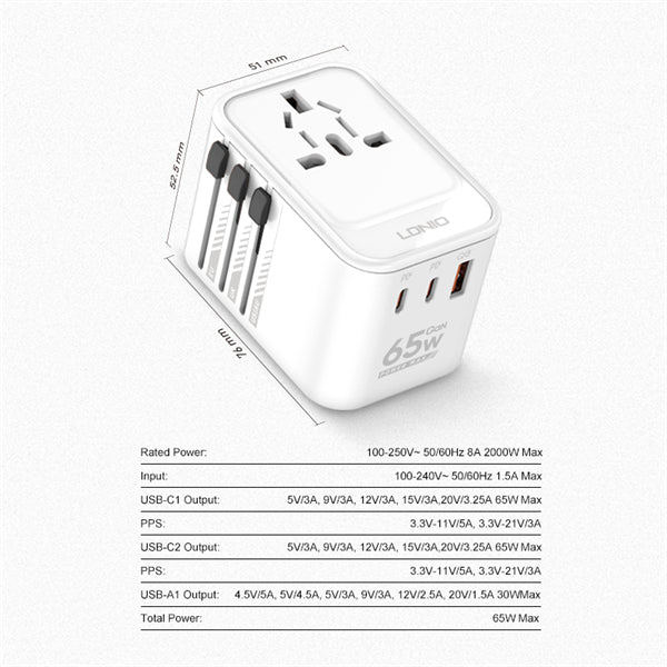 Ldnio Z6 GaN 65W Universal Adapter All-In-One Adapter