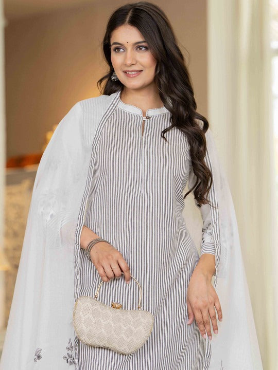 Women Striped Regular Pure Cotton Kurta with Trousers & Dupatta