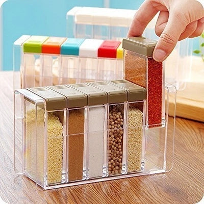Six Piece Seasoning Container Spice Set Seasoning Six Piece Set Spice Bottle Set 6 Pcs Seasoning Condiment Storage Spice containers Square Transparent Salt Sugar Pepper Spice Jar with Tray Rack Cooking Container box spices