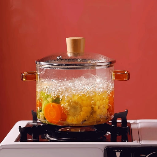 Heat-Resistant Glass Stovetop Pot, Glass Cookware with Wooden Handle 400â„‰