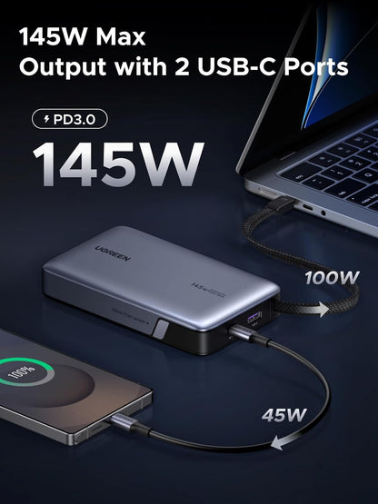 UGREEN 20000mAh 145W Power Bank with Built-in USB-C Cable - 55992B