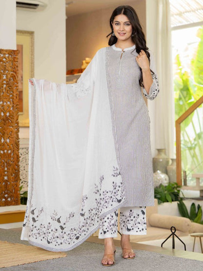 Women Striped Regular Pure Cotton Kurta with Trousers & Dupatta