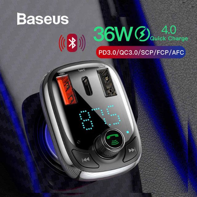 BASEUS T-Typed Bluetooth Digital FM Transmitter MP3 Car USB Charger Three Port USB with TF MicroSD