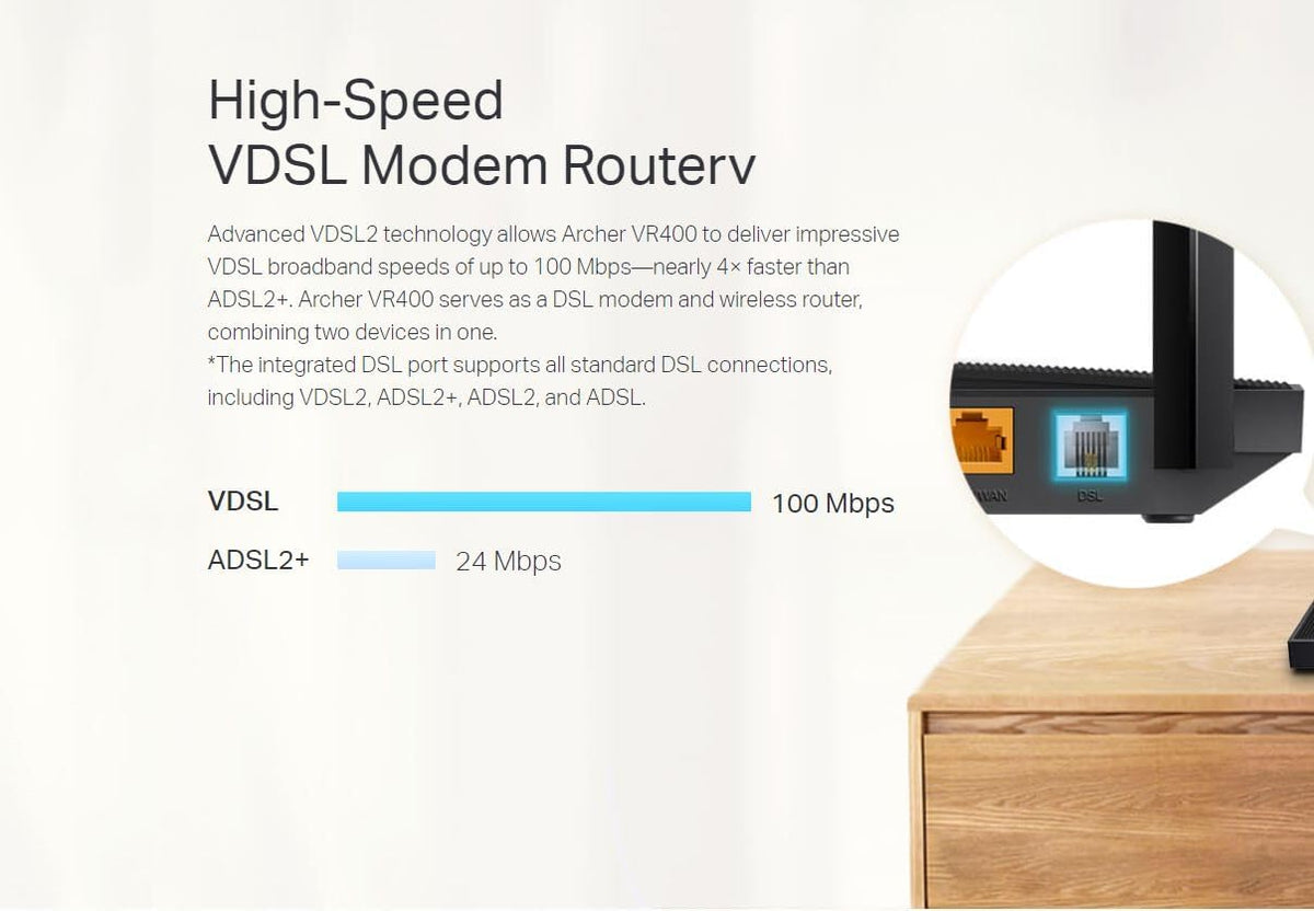 TP-Link Archer VR400 AC1200 Wireless Modem Router, VDSL ADSL Wifi Router, Mesh Wifi Booster, Dual Band Internet Booster, Full Gigabit Ethernet Ports Mesh Routers, Plug and Play, Gaming Xbox PS4 Steam