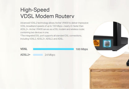 TP-Link Archer VR400 AC1200 Wireless Modem Router, VDSL ADSL Wifi Router, Mesh Wifi Booster, Dual Band Internet Booster, Full Gigabit Ethernet Ports Mesh Routers, Plug and Play, Gaming Xbox PS4 Steam