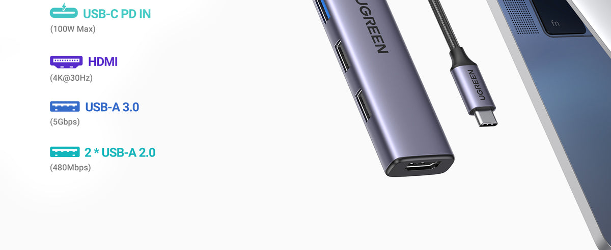 UGREEN USB C Hub 5 in 1 Multiport Adapter Revodok 105 4K HDMI, 100W Power Delivery, 3 USB-A Data Ports, USB C Hub - 15495