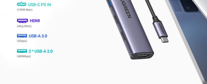 UGREEN USB C Hub 5 in 1 Multiport Adapter Revodok 105 4K HDMI, 100W Power Delivery, 3 USB-A Data Ports, USB C Hub - 15495