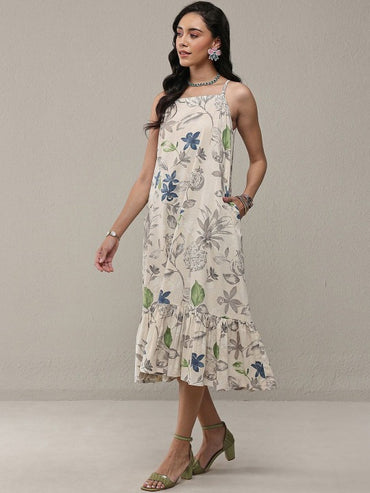 White Floral Print a-Line Dresses