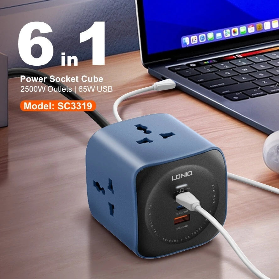 LDNIO SC3319 10A 2500W Cube Power Socket with 3AC Outlets+USB-A+2USB-C