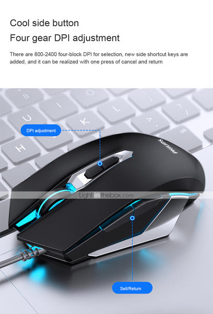 PHILIPS G505 Wired USB Laser Professional Gaming Mouse Led Breathing Light 800/1200/1600/2400 4 Adjustable DPI for PC Laptop