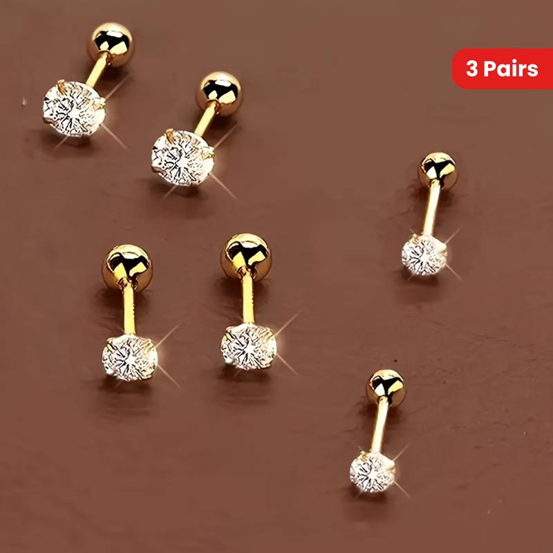 3 Pairs Elegant Small Ear Studs - Stainless Steel, Hypoallergenic Cartilage Piercing Jewelry